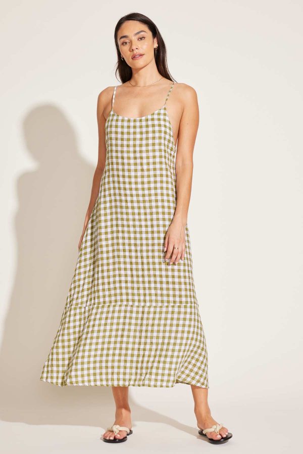 vitamin a mari maxi dress avocado gingham ecolinen